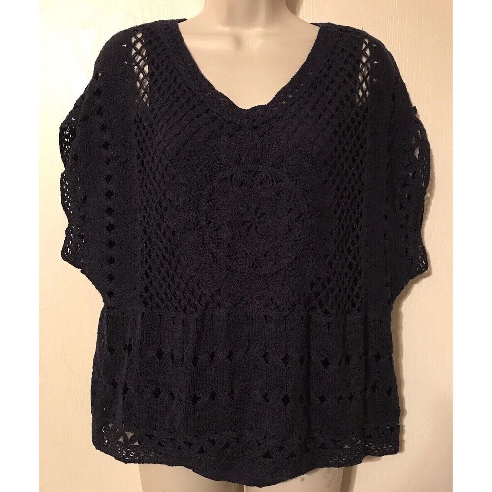 V CHRISTINA Navy Women’s Size Medium Lined Crocheted Lace Top Blouse Boho Tags